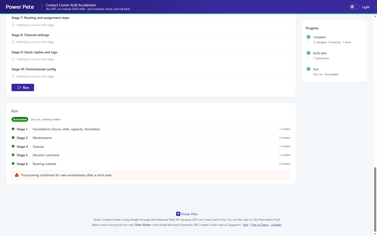 Dry run result showing each stage written and a workstream provisioning confirmation