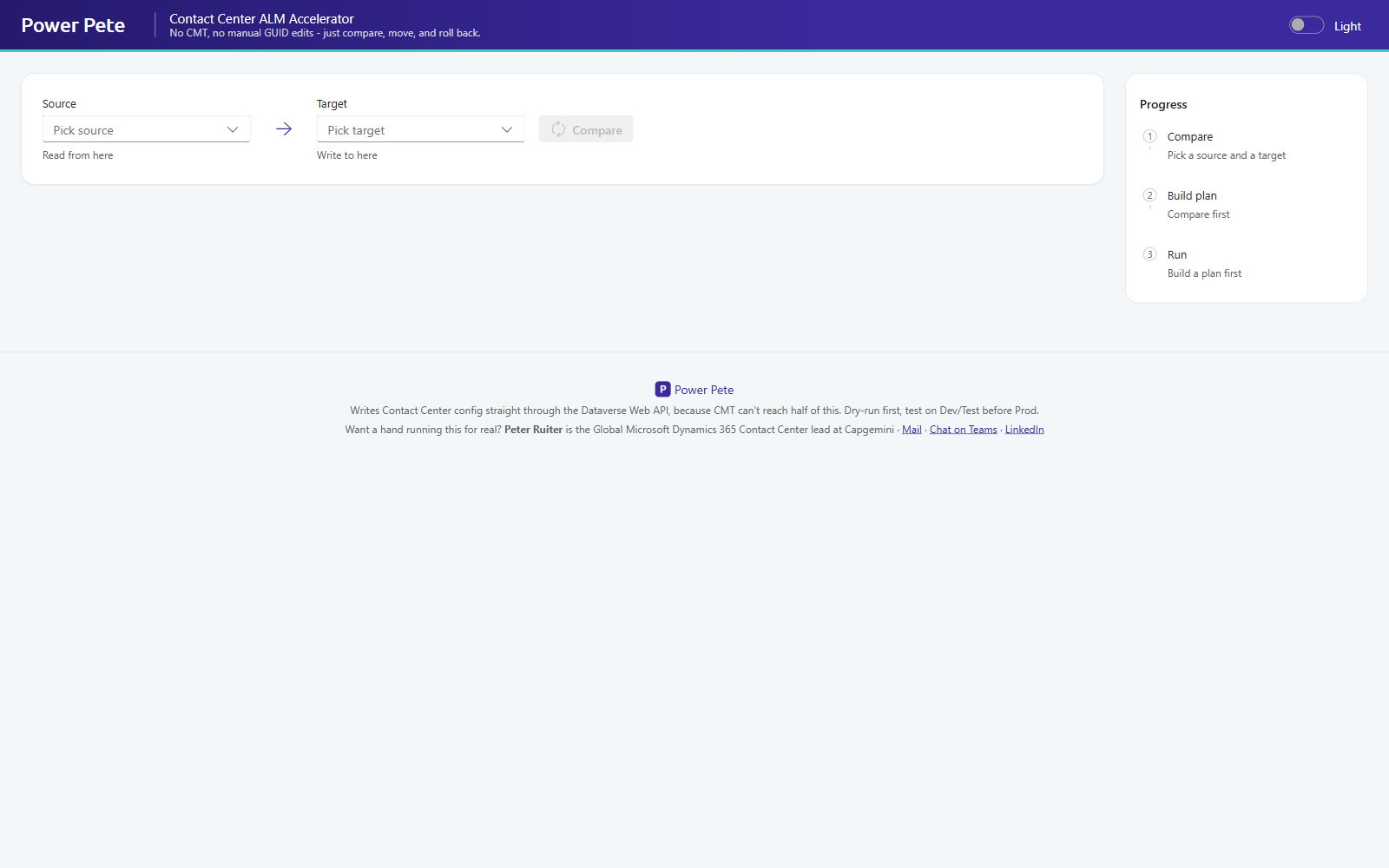 Contact Center ALM environment picker, ready to compare Dev against Test