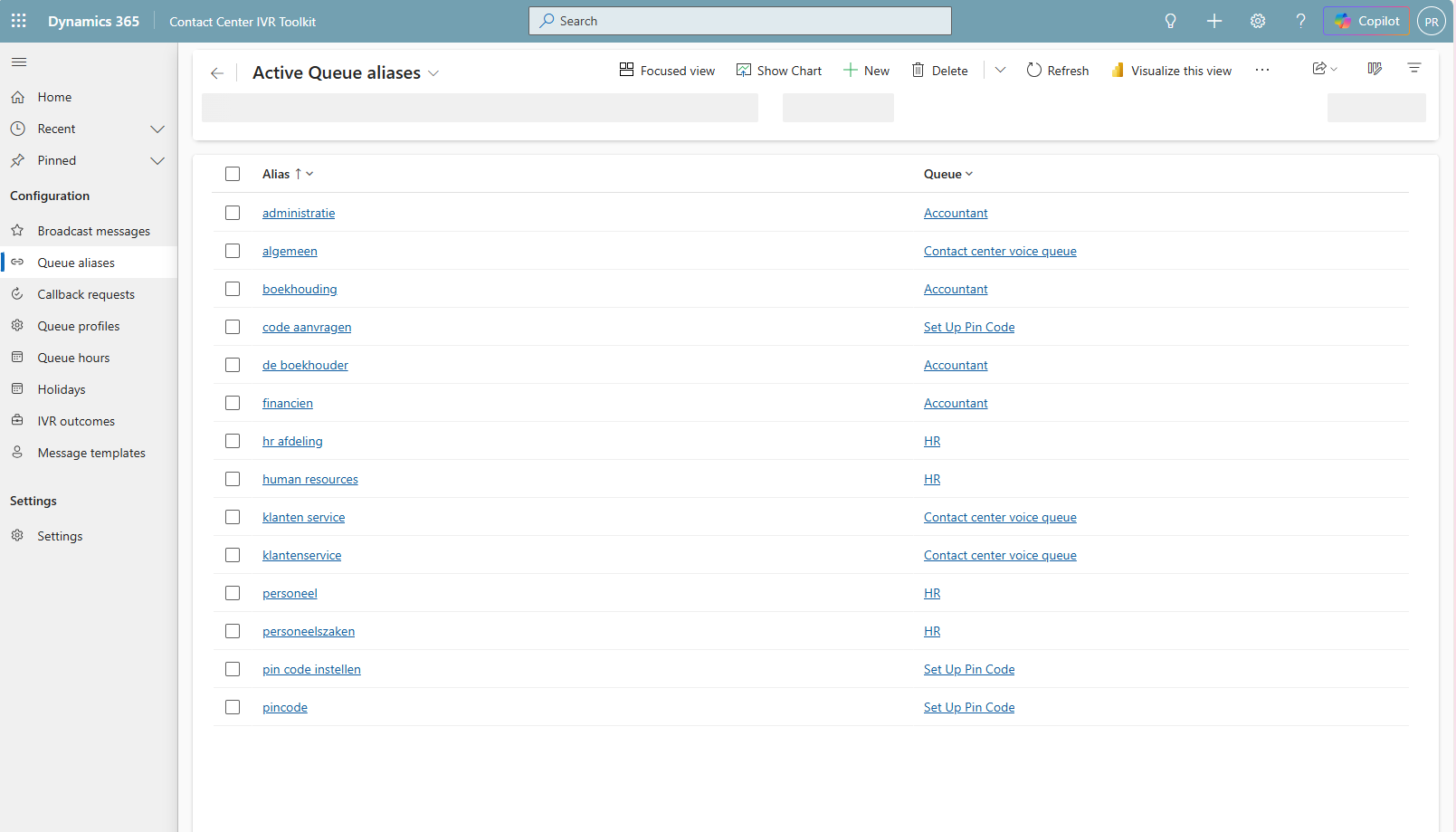 The Active Queue aliases list, mapping spoken Dutch phrases to Dataverse queues