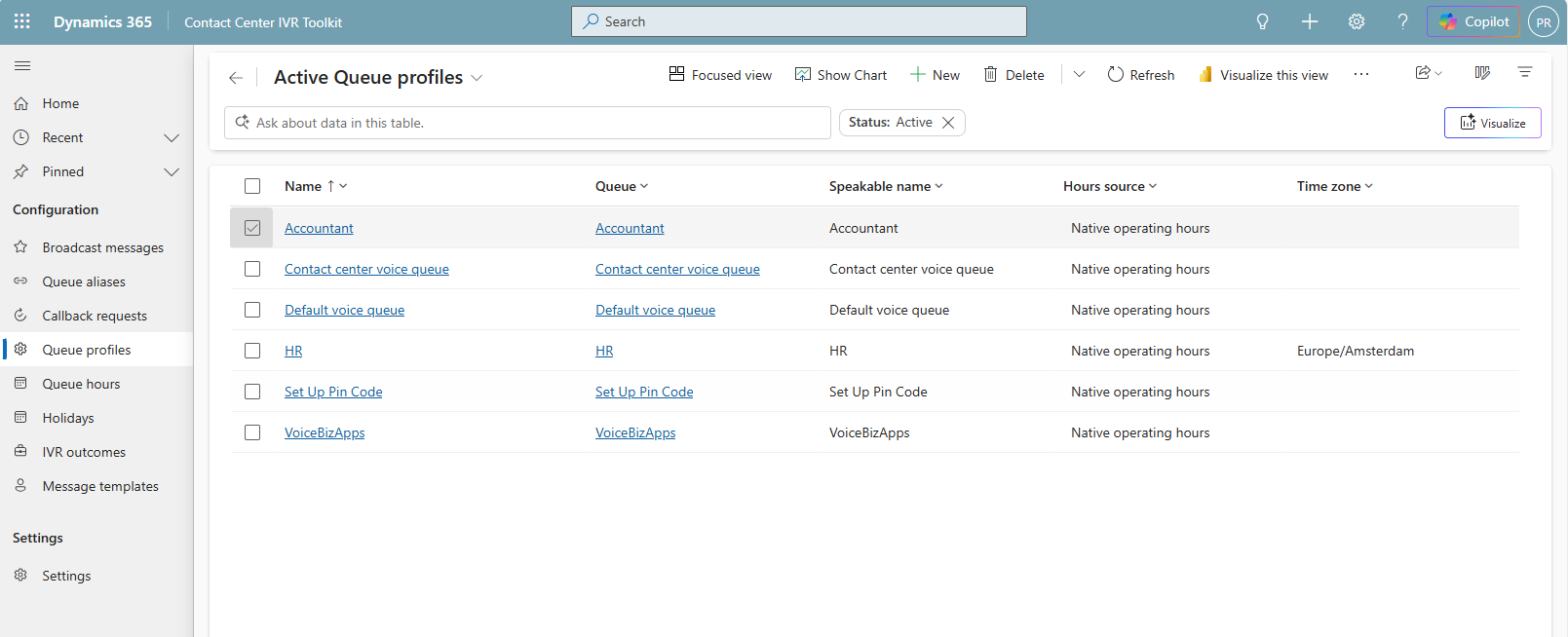 The Active Queue profiles list showing each voice queue with its speakable name, hours source and time zone