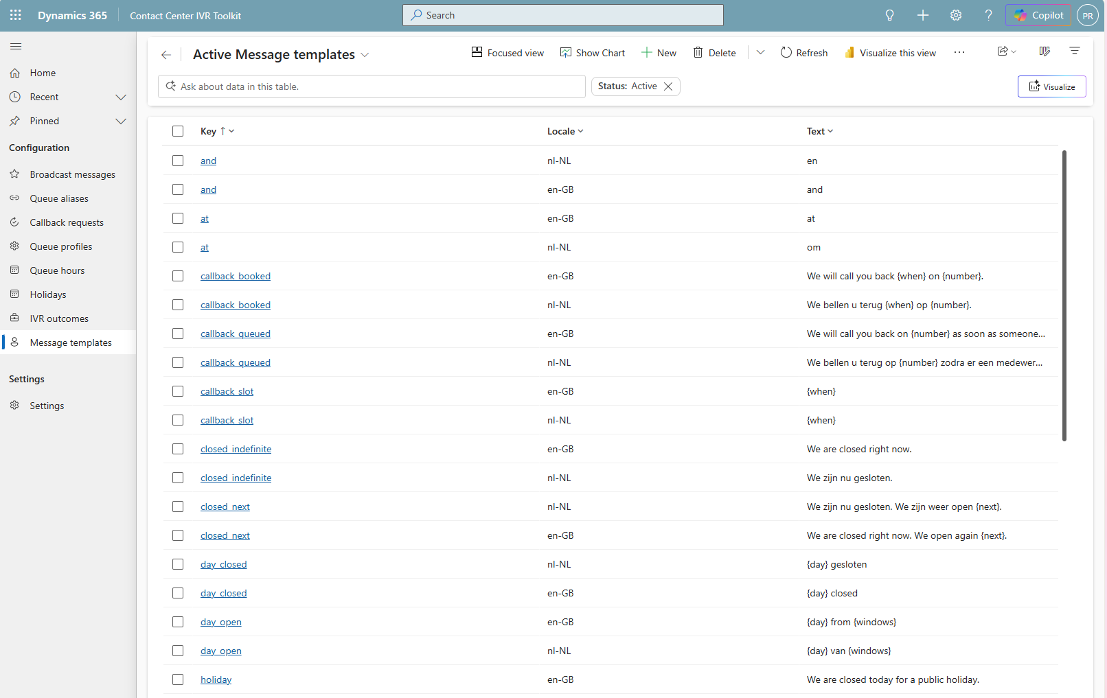 The Active Message templates list showing every spoken phrase in nl-NL and en-GB with its placeholders