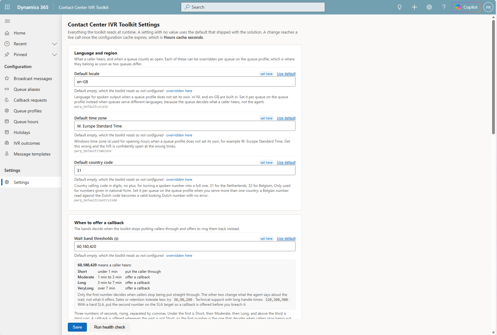 The Contact Center IVR Toolkit Settings page, showing default locale, time zone, country code and the wait band thresholds with a worked example