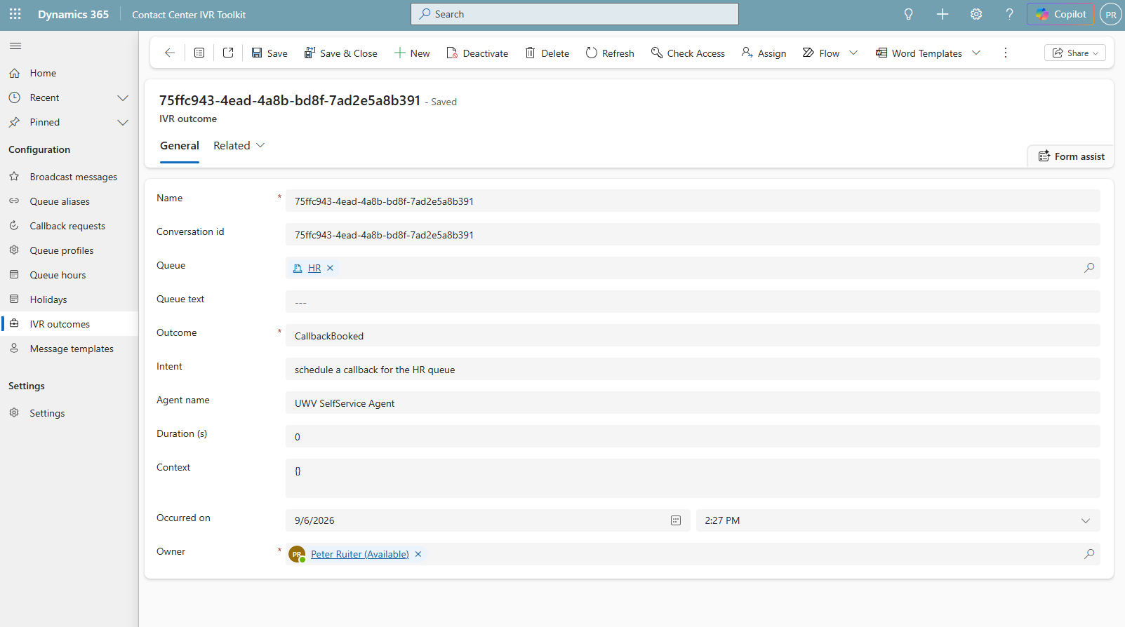 An IVR outcome record showing outcome CallbackBooked, the caller intent, the agent name and the resolved queue